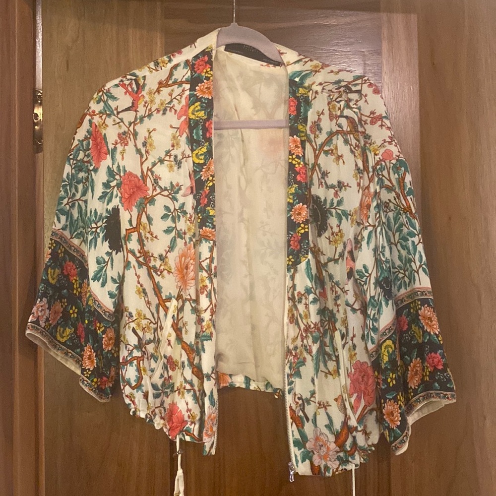 Floral Kimono-Style Lightweight Jacket - Cream Multi